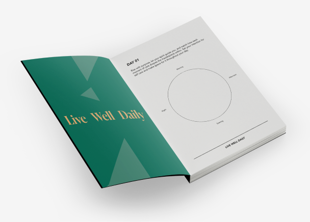 An open journal with a cover titled 'Live Well Daily,' placed on a gold background. The visible page shows a simple circular diagram with space to write notes for a daily wellness routine.